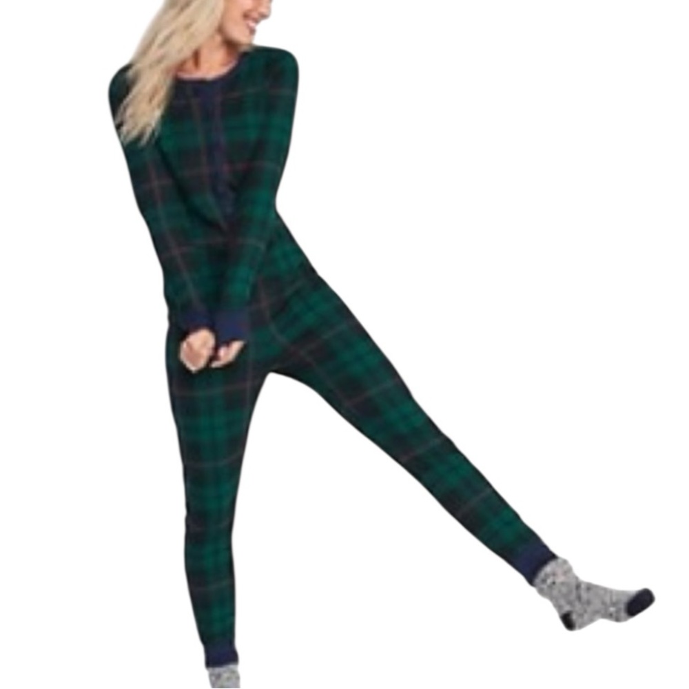 Tartan Printed Thermal-Knit One-Piece Pajamas